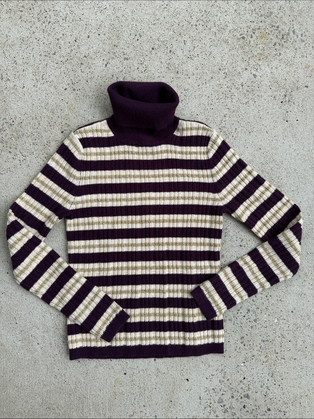 NWT Ann Taylor Purple/Gold Striped Ribbed Knit Turtleneck Sweater Size Small - Picture 7 of 11